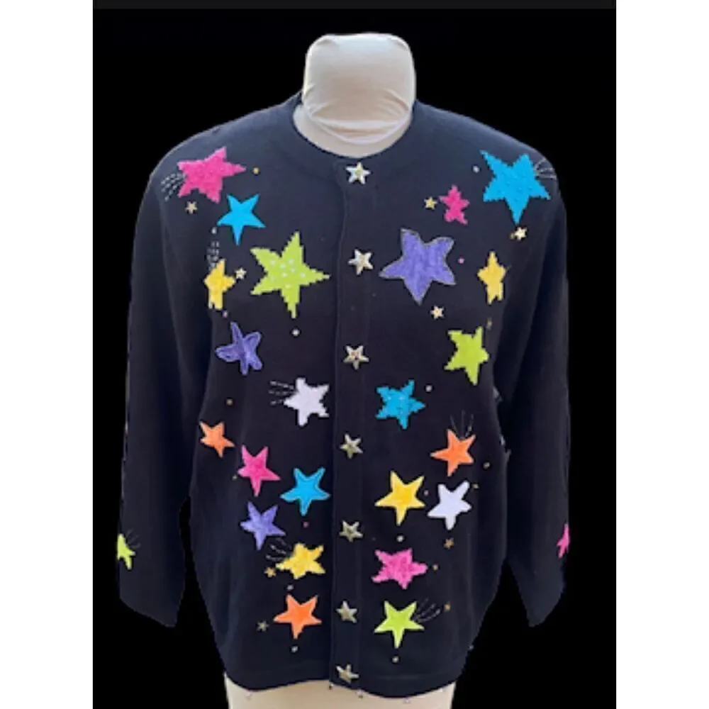 Jack B. Quick Cardigan Multi-Color Stars w/Star Buttons Size L Vintage Whimsy - Picture 2 of 10